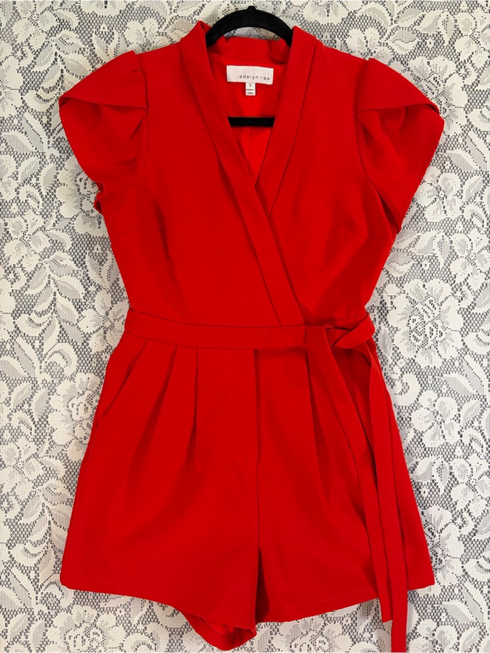 Adelyn Rae Vibrant Red Cap Sleeve Surplice Neckline Romper, Size Small